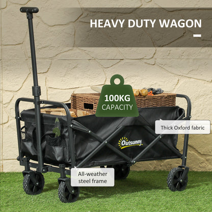Outsunny 93L Festival Trolley on Wheels, Garden Folding Trolley Cart, 100kg Heavy Duty Collapsible Folding Wagon with Adjustable Handle and Carrying Bag for Beach, Camping, Festival, Black