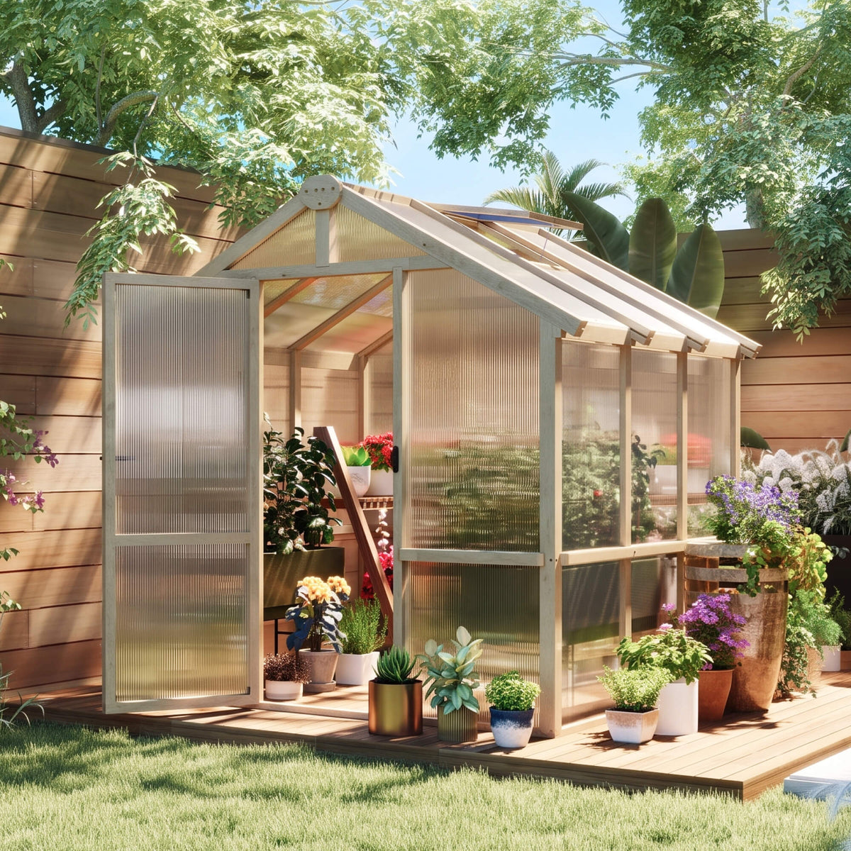 Outsunny 6.6 x 6ft Polycarbonate Greenhouse, Walk-in Wooden Greenhouse with Lockable Door and Window, Brown