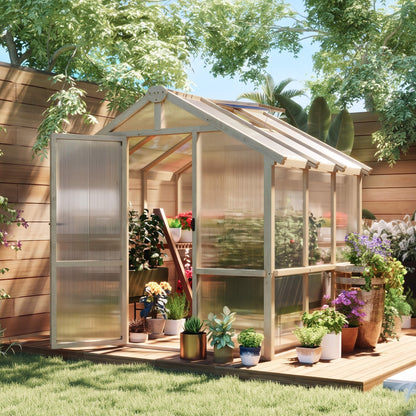 Outsunny 6.6 x 6ft Polycarbonate Greenhouse, Walk-in Wooden Greenhouse with Lockable Door and Window, Brown
