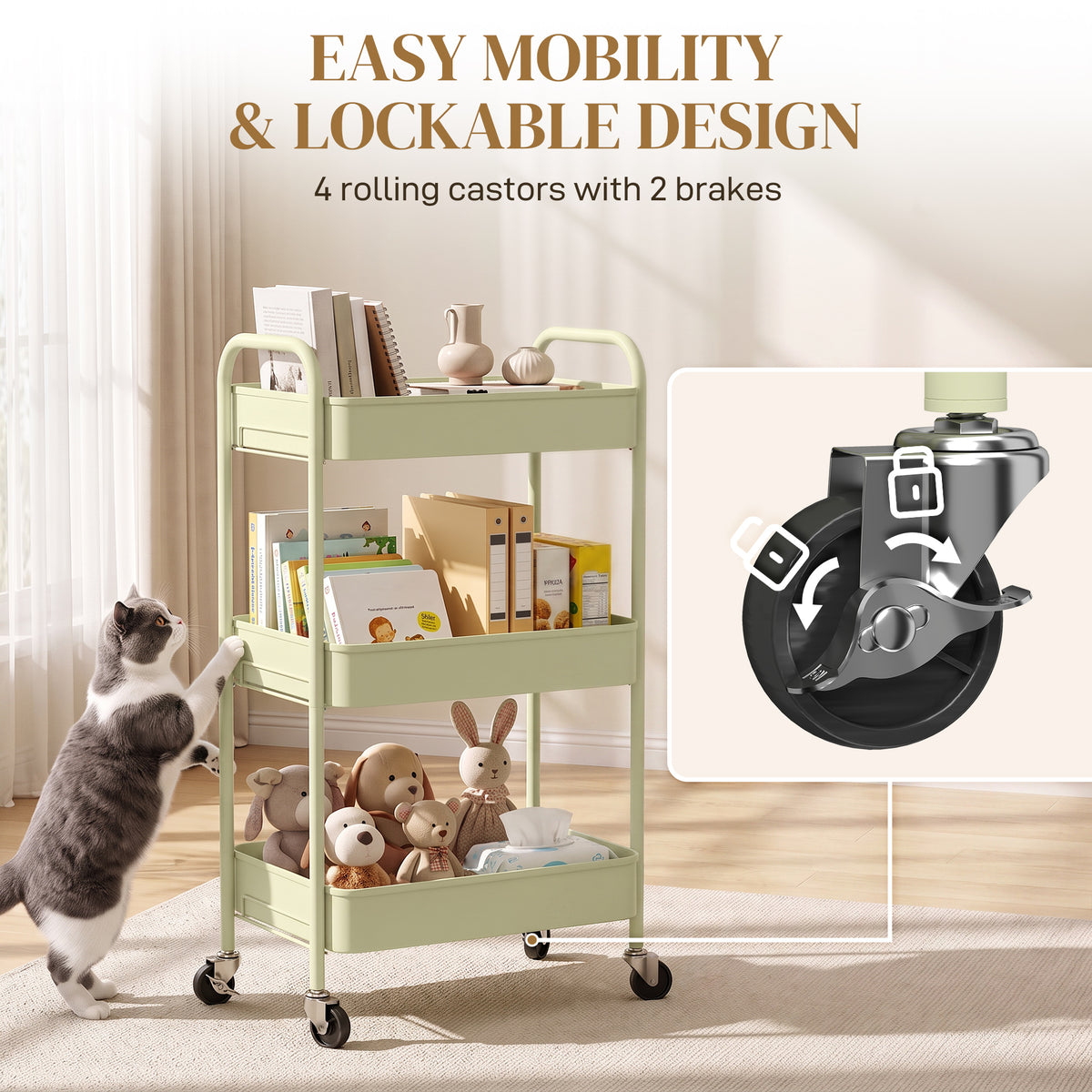 HOMCOM Three-Tier Steel Storage Trolley - Green