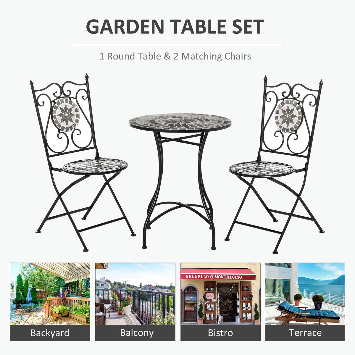 Outsunny 3 Pcs Mosaic Tile Garden Bistro Set Outdoor Seating w/ Table 2 Folding Chairs Set Metal Frame Elegant Scrolling Indoor Patio Balcony, Grey