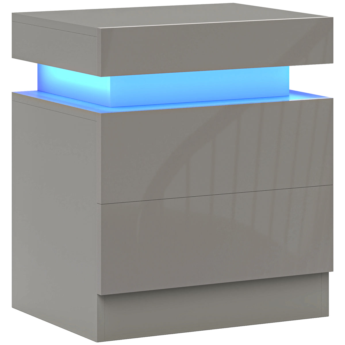 HOMCOM Grey Bedside Table with LED Light, High Gloss Front Nightstand with 2 Drawers, for Living Room, Bedroom