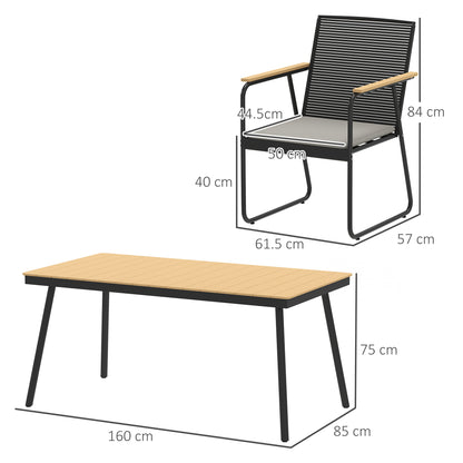 Outsunny 6‑Seater Garden Dining Set with Cushions, Rattan Backrest, Plastic Top, Garden Furniture Set, Natural Wood Finish