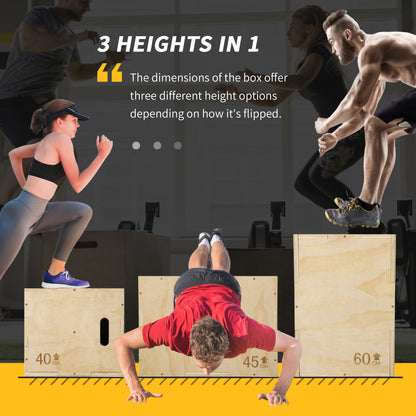 HOMCOM 3-in-1 Wooden Plyo Box, Plyometric Jump Box with Handle Openings for Home Gym, Workout Training, 16" x 20" x 24", Natural