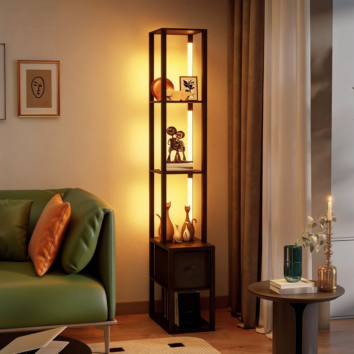 HOMCOM Floor Lamp with Shelves, LED Column Modern Standing Lamp with Fabric Drawer, Adjustable Brightness, Foot Switch for Living Room, Bedroom, Office, Black
