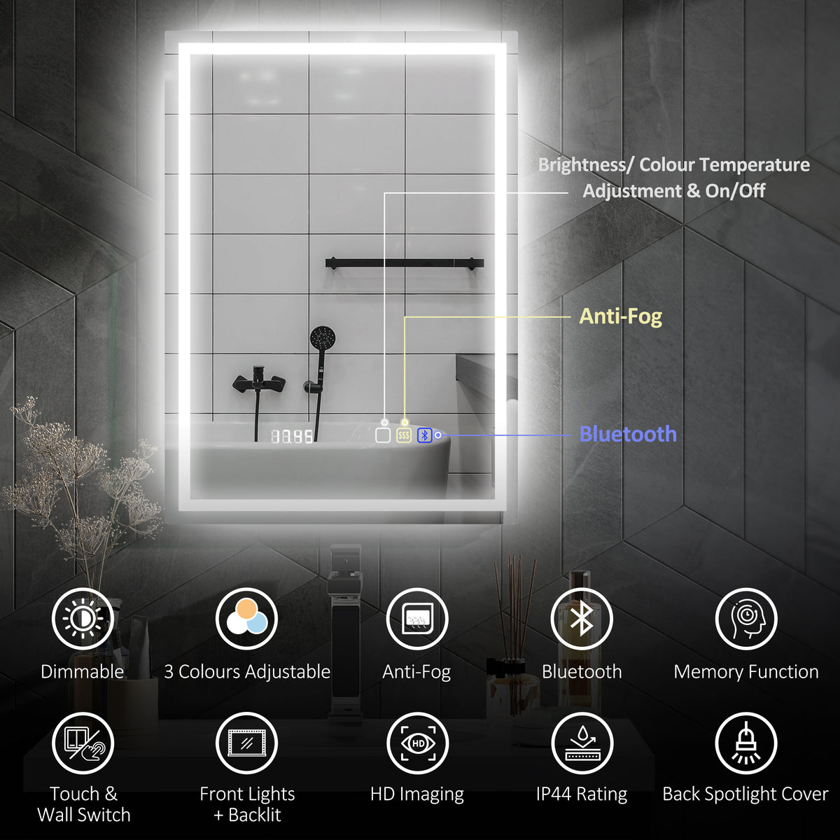 HOMCOM 50 x 70 cm Anti-Fog LED Bathroom Mirror, with Bluetooth and Clock - Silver Tone