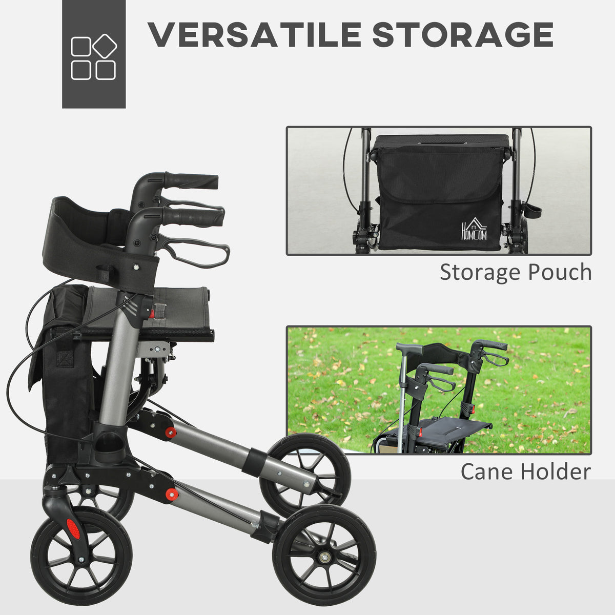 HOMCOM Rollator Walker with Seat, Compact Quick Folding Mobility Walker with 8" Wheels, Carry Bag, Adjustable Height, Cane Holder and Lightweight Aluminium Frame for Seniors and Disabled, Silver