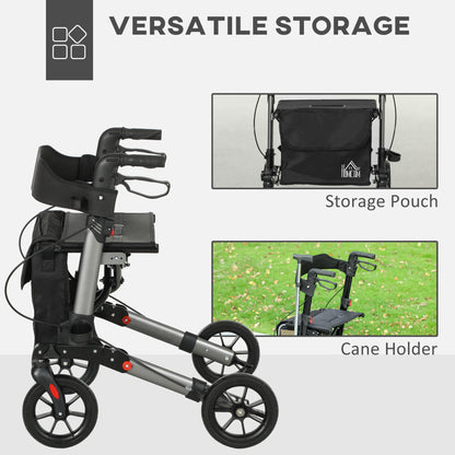 HOMCOM Rollator Walker with Seat, Compact Quick Folding Mobility Walker with 8" Wheels, Carry Bag, Adjustable Height, Cane Holder and Lightweight Aluminium Frame for Seniors and Disabled, Silver