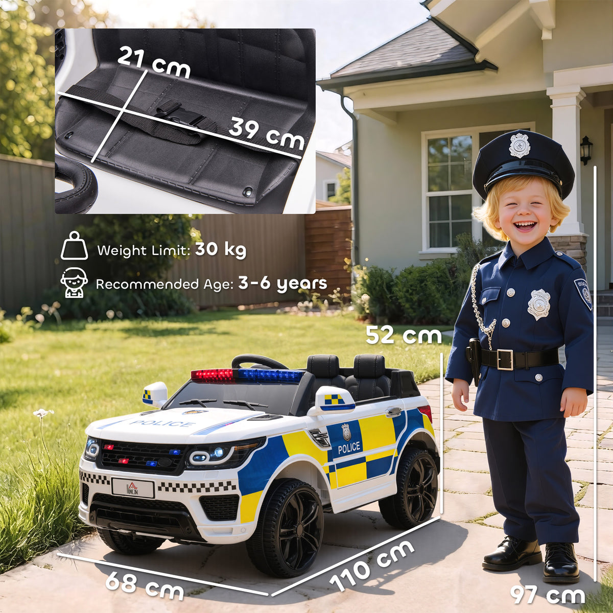 HOMCOM Ride on Police Kids Car 12V Electric Car for 3-6 Years with Remote Control Siren Flashing Lights Suspension, White