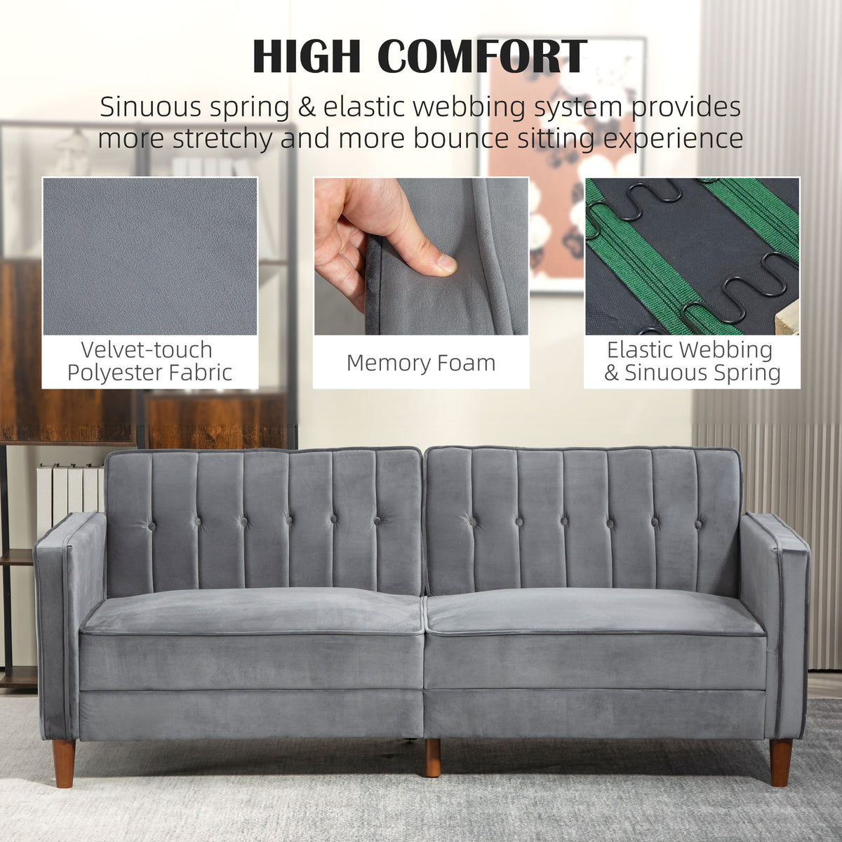 HOMCOM Velvet-Feel Three-Seater Sofa Bed with Wooden Legs, 300 kg - Dark Grey