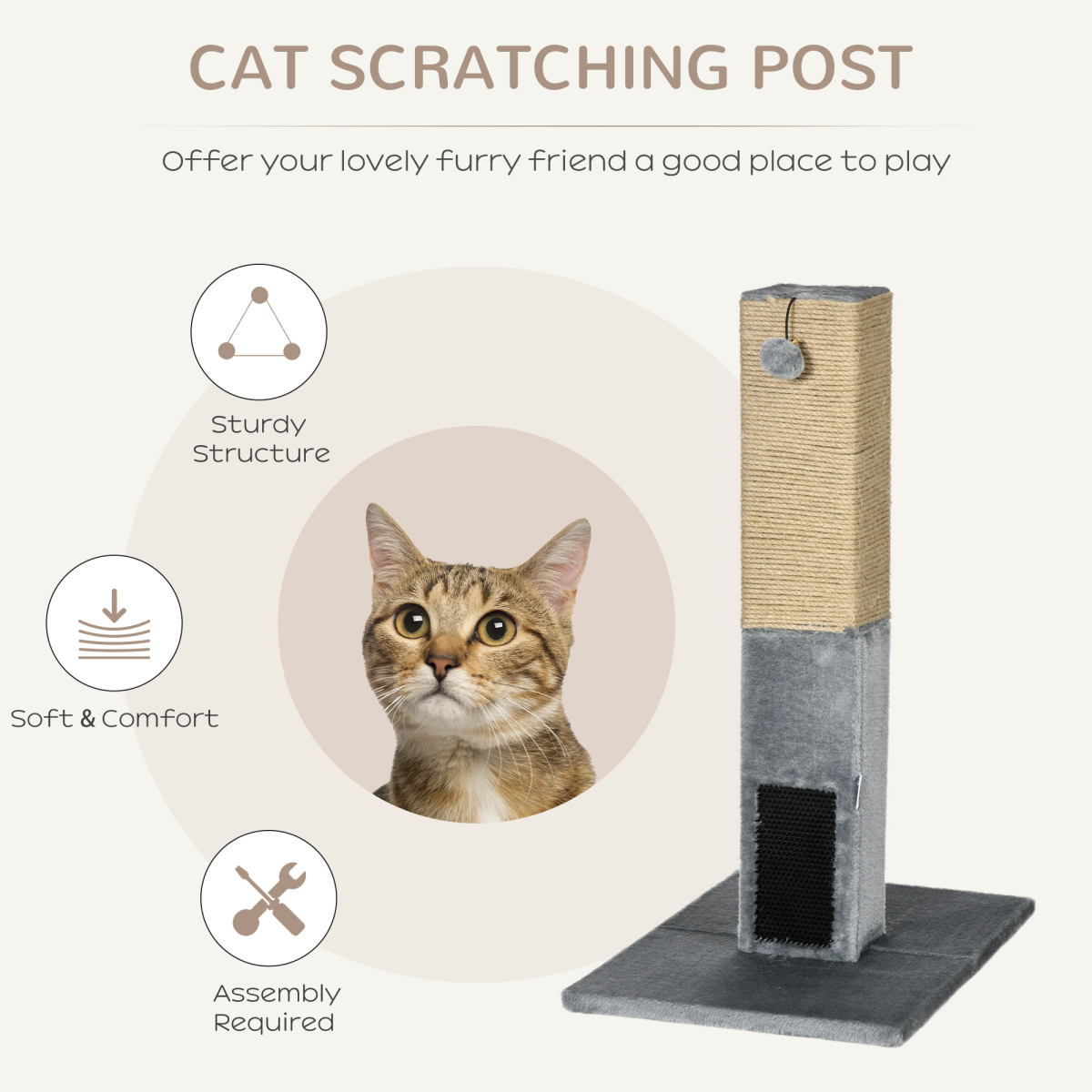 Cat Scratching Post 79cm Scratcher Climber Cat Tree Activity Centre - Grey