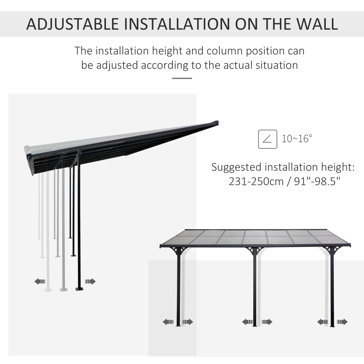 Outdoor Patio Gazebo Pergola, Aluminum Post, 4.35x3m Mounted on the Wall Roof