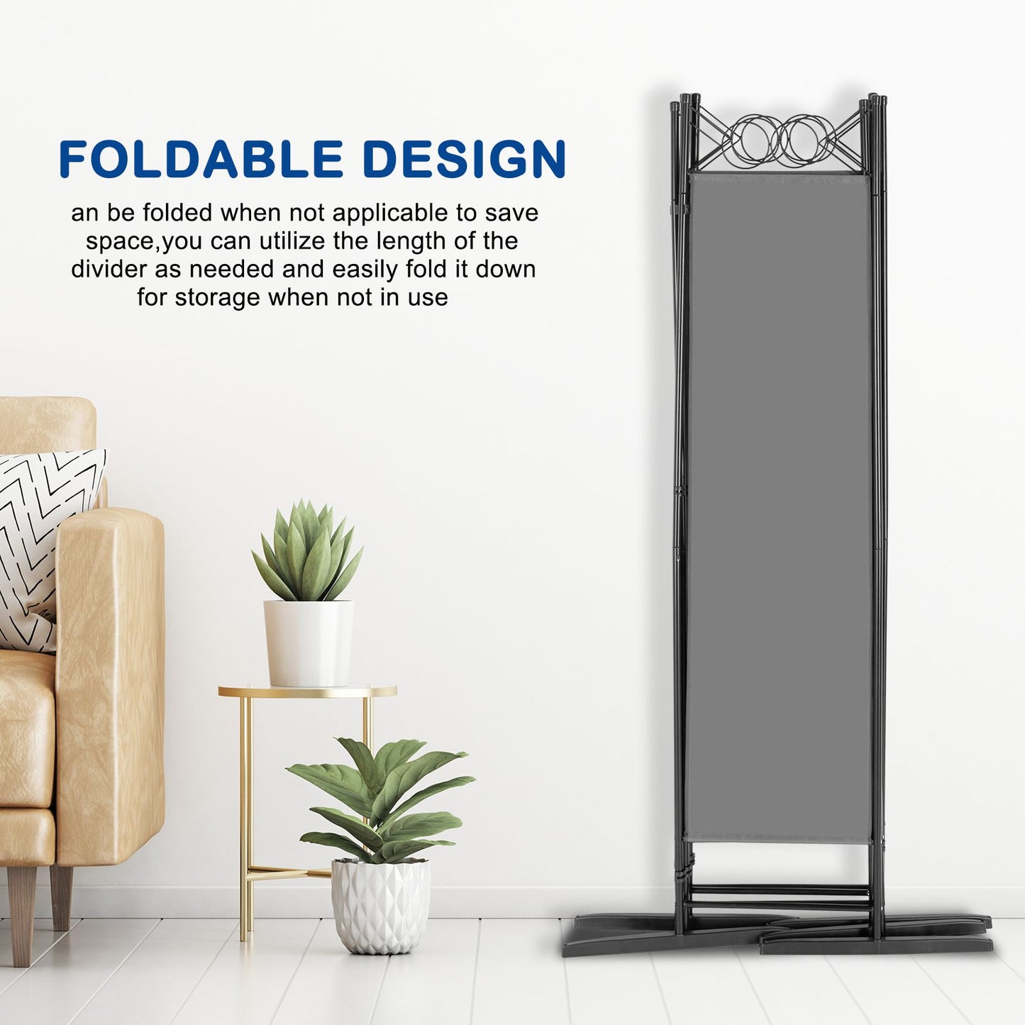 5.74FT 4-Fold Top With Shape 130g Polyester Cloth Plastic Feet Carbon Steel Frame Foldable Screen Gray