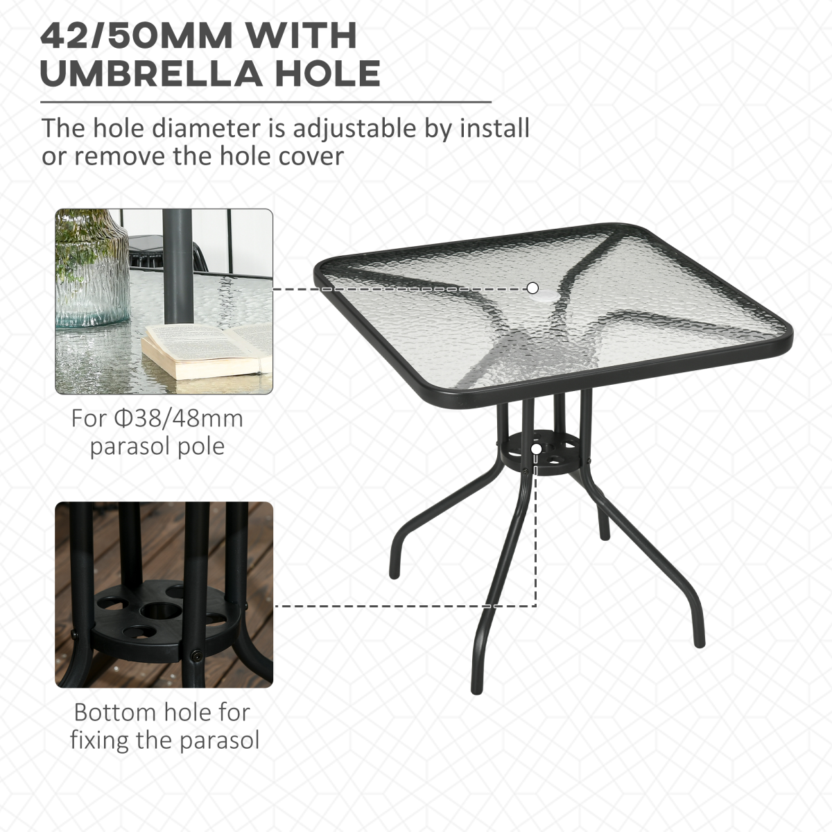 Square Patio Table, Tempered Glass Top Garden Dining Table 76 x 76cm Outsunny