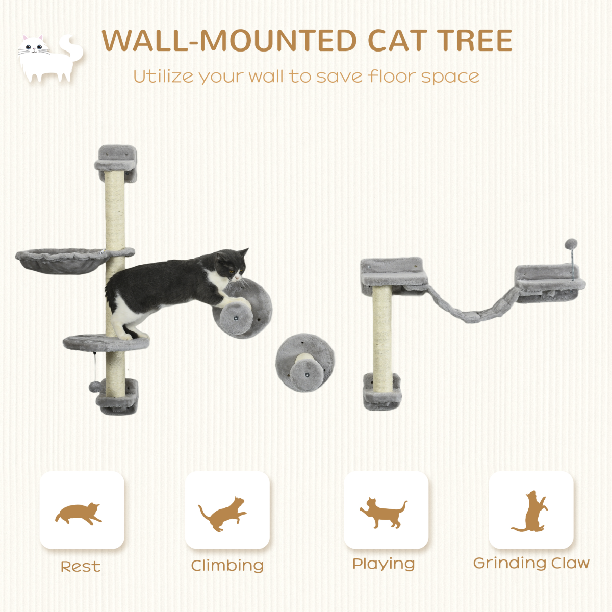 PawHut Cat Wall Furniture with Hammock, Perches, Ladder, Scratching Post, Grey