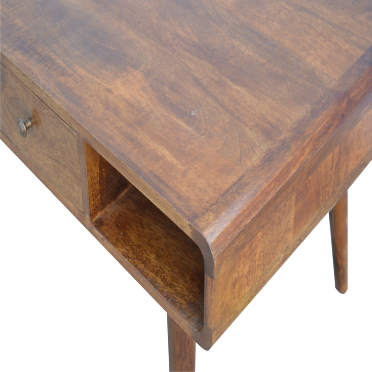Artisan Furniture Solid Wood Curved Chestnut Coffee Table, 2 Drawers, 2 Open Slots, Dark Brown