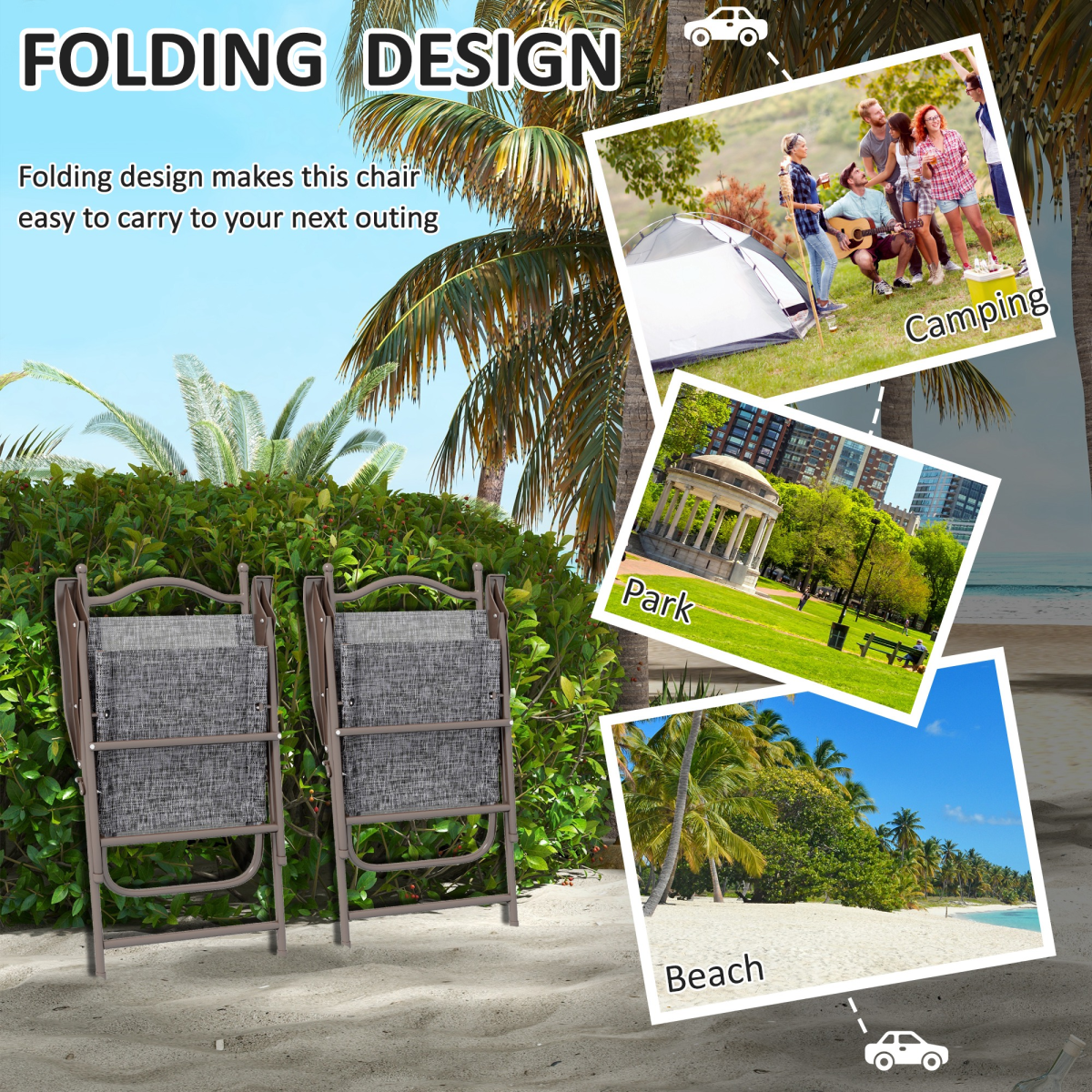Outsunny Folding Chairs Set with Armrest, Breathable Mesh Fabric Seat, Grey