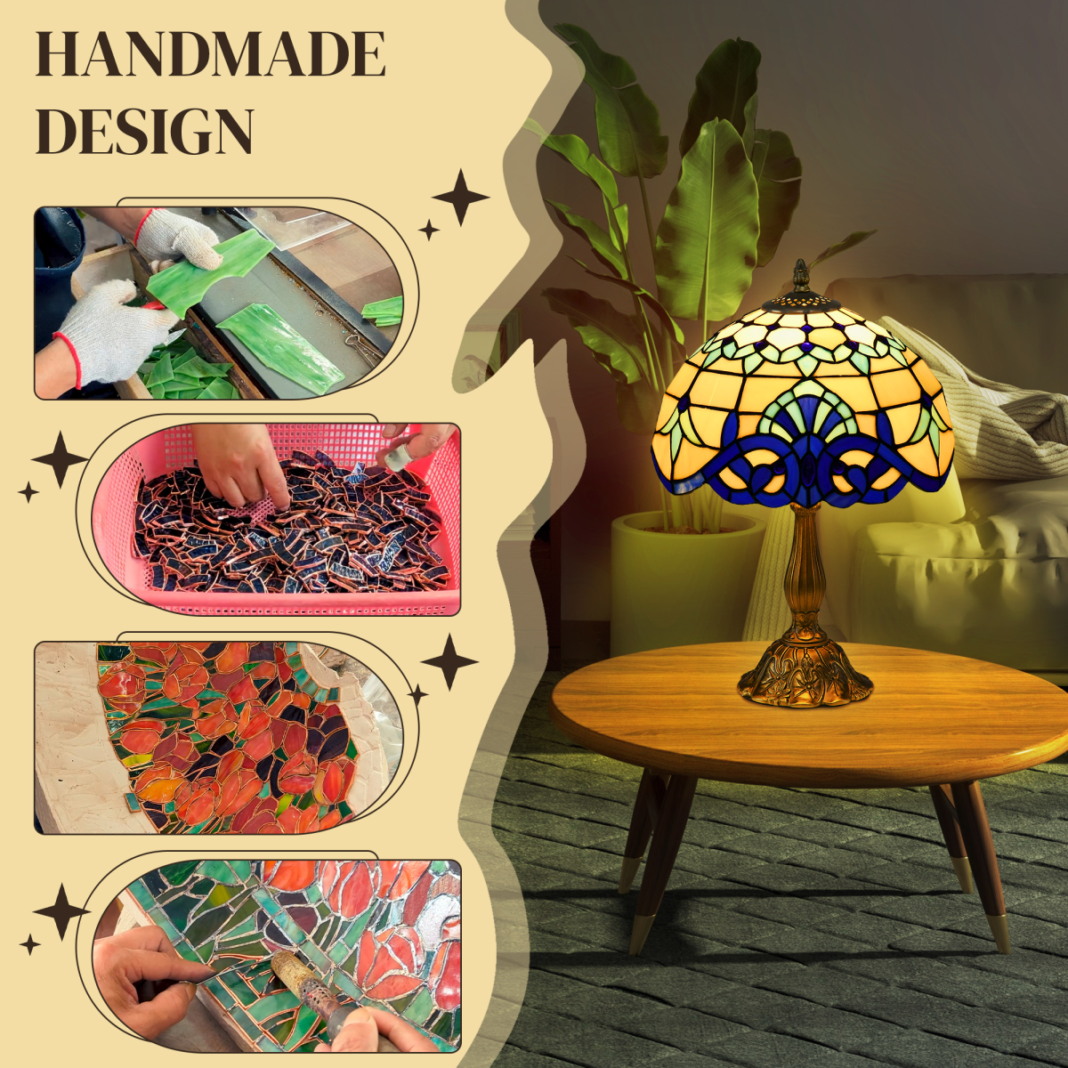 HOMCOM Stained Glass Table Lamp, for Bedroom Bedside, Bulb not Included