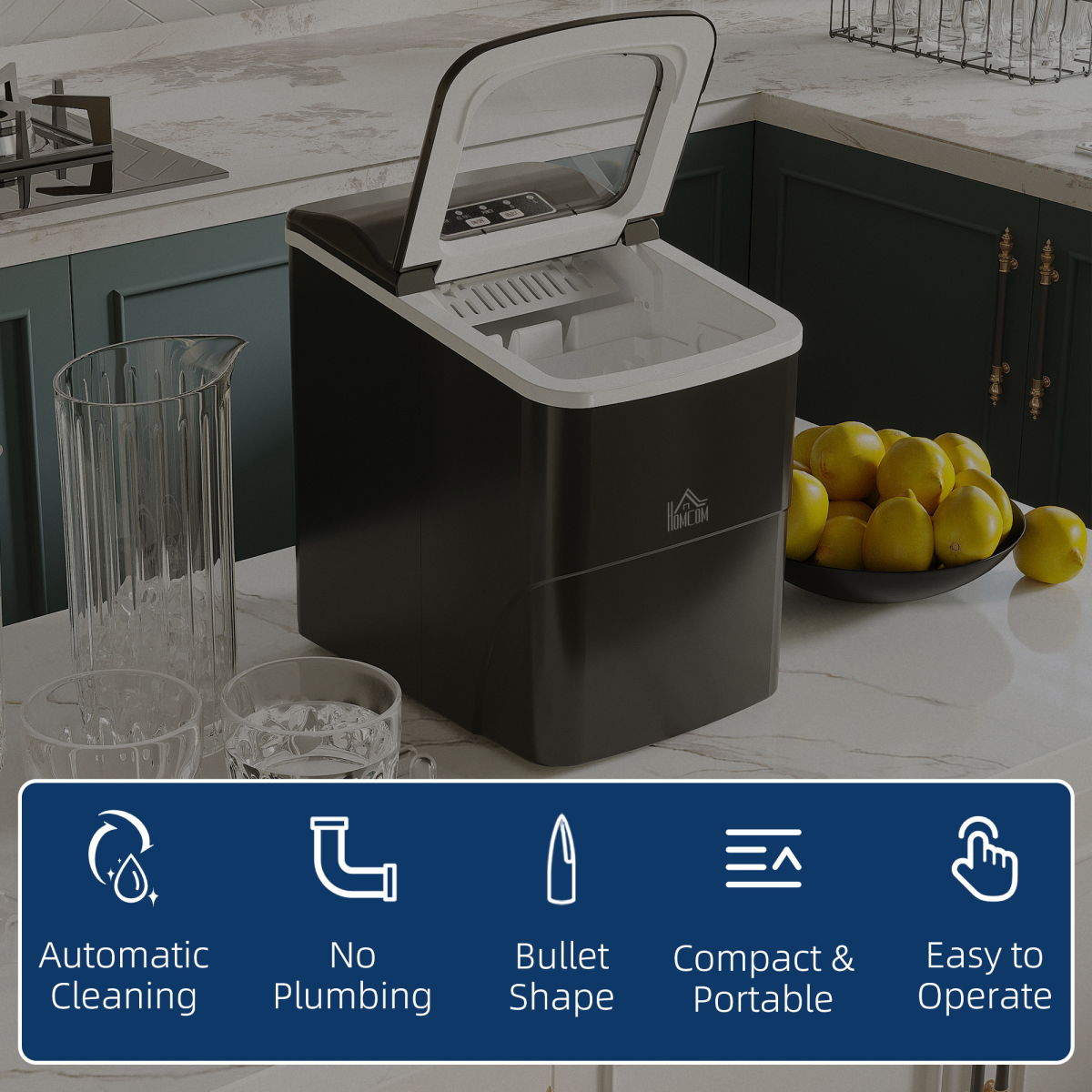 Ice Maker 12kg/24H Production with Scoop Basket for Home Office Black