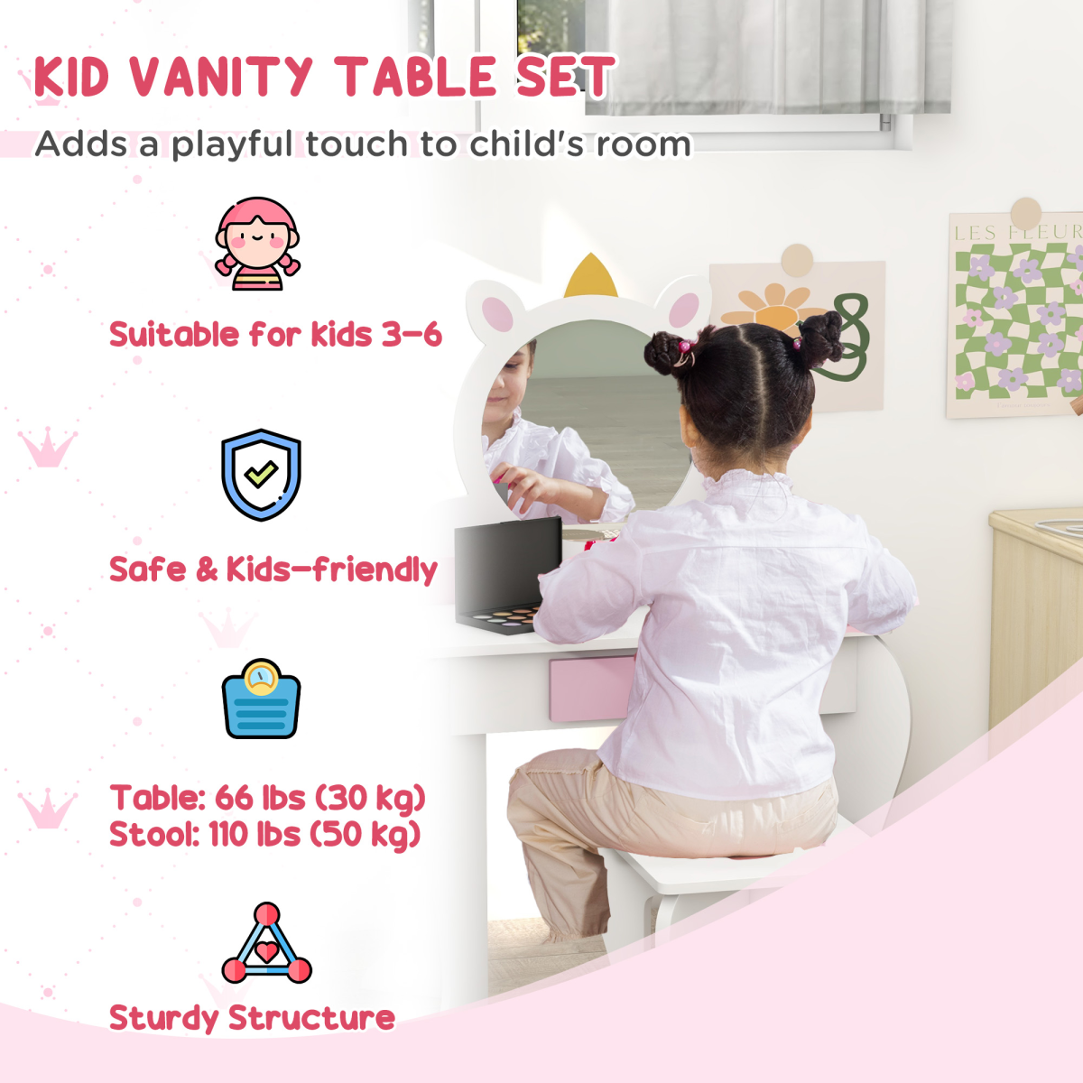 ZONEKIZ Kids Dressing Table with Mirror and Stool, Drawer, Storage Boxes - White