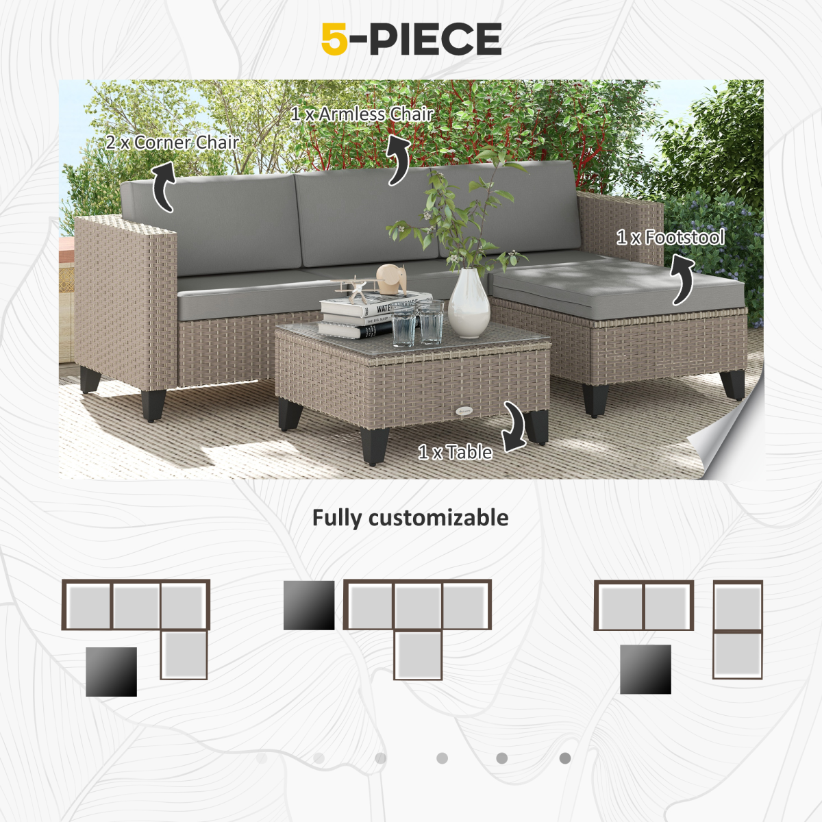 Outsunny 5 PCs Rattan Garden Furniture Set with Glass Coffee Table, Brown
