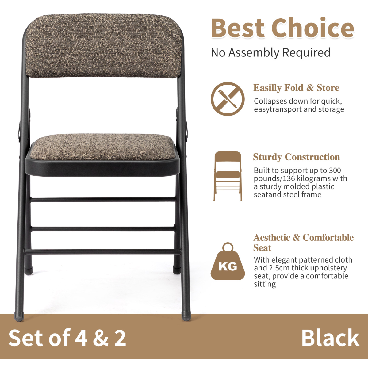 2pcs Black Patterned Padded Folding Chairs, Conference Event Chairs with Soft Seat (46*48*76cm), Frosted Iron Frame