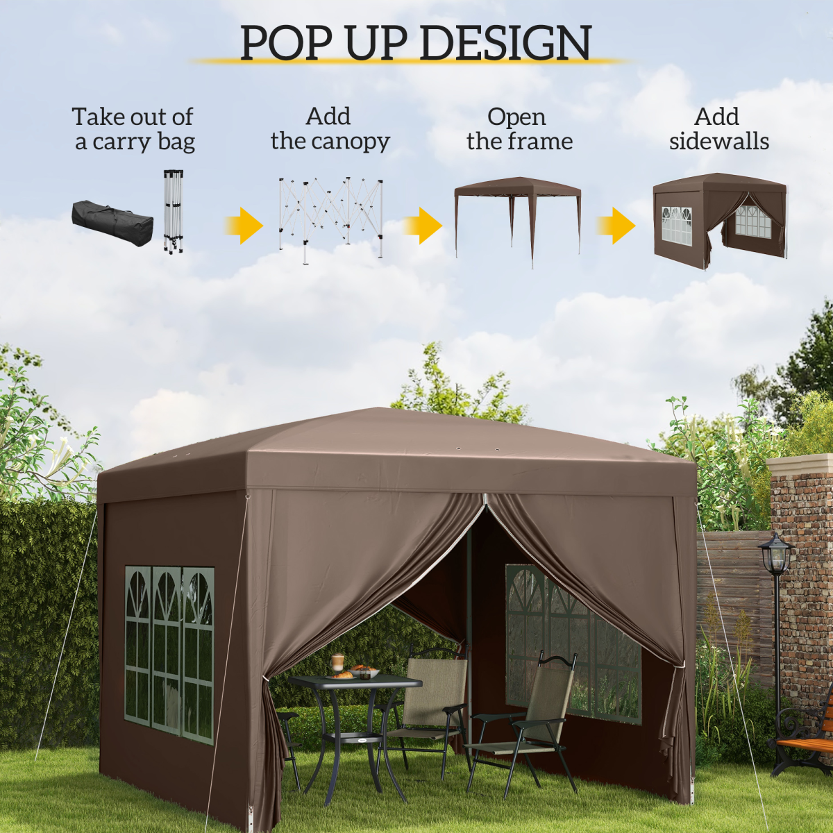 Outsunny 3x3 m Pop Up Gazebo Party Tent Canopy Marquee with Storage Bag Coffee