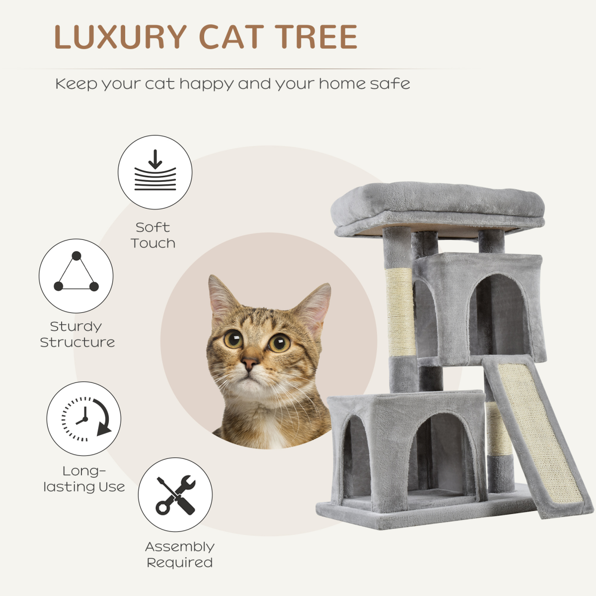 Cat Rest & Play Activity Tree w/ 2 House Cushion Perch Scratching Post Grey