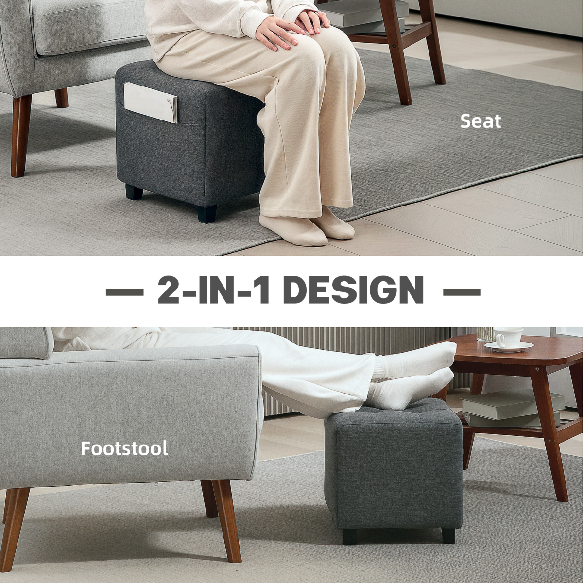 HOMCOM Small Footstool Square Ottoman with Padded Seat for Living Room Grey