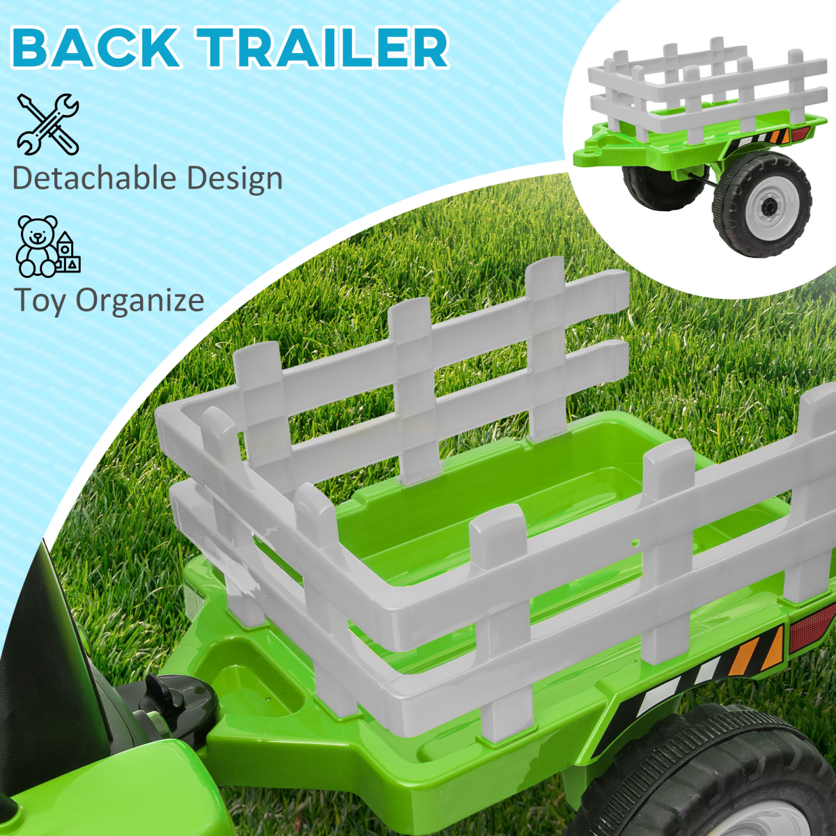 HOMCOM Ride on Tractor with Detachable Trailer, Remote Control, Music - Green