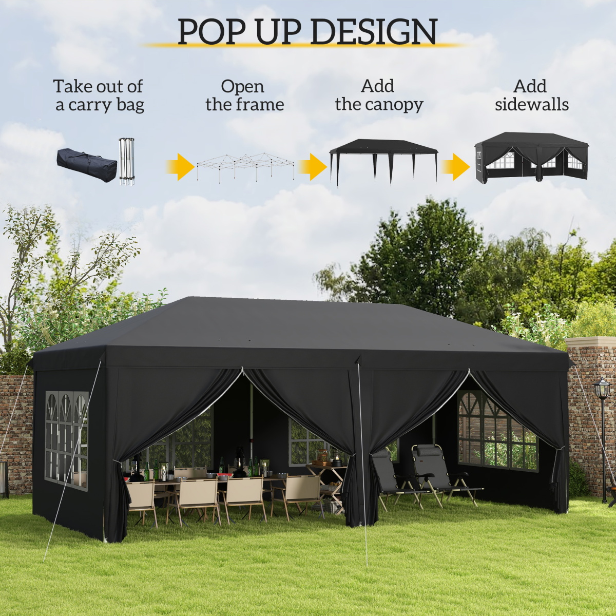 3 x 6m Pop Up Gazebo Height Adjustable Party Tent w/ Storage Bag Black