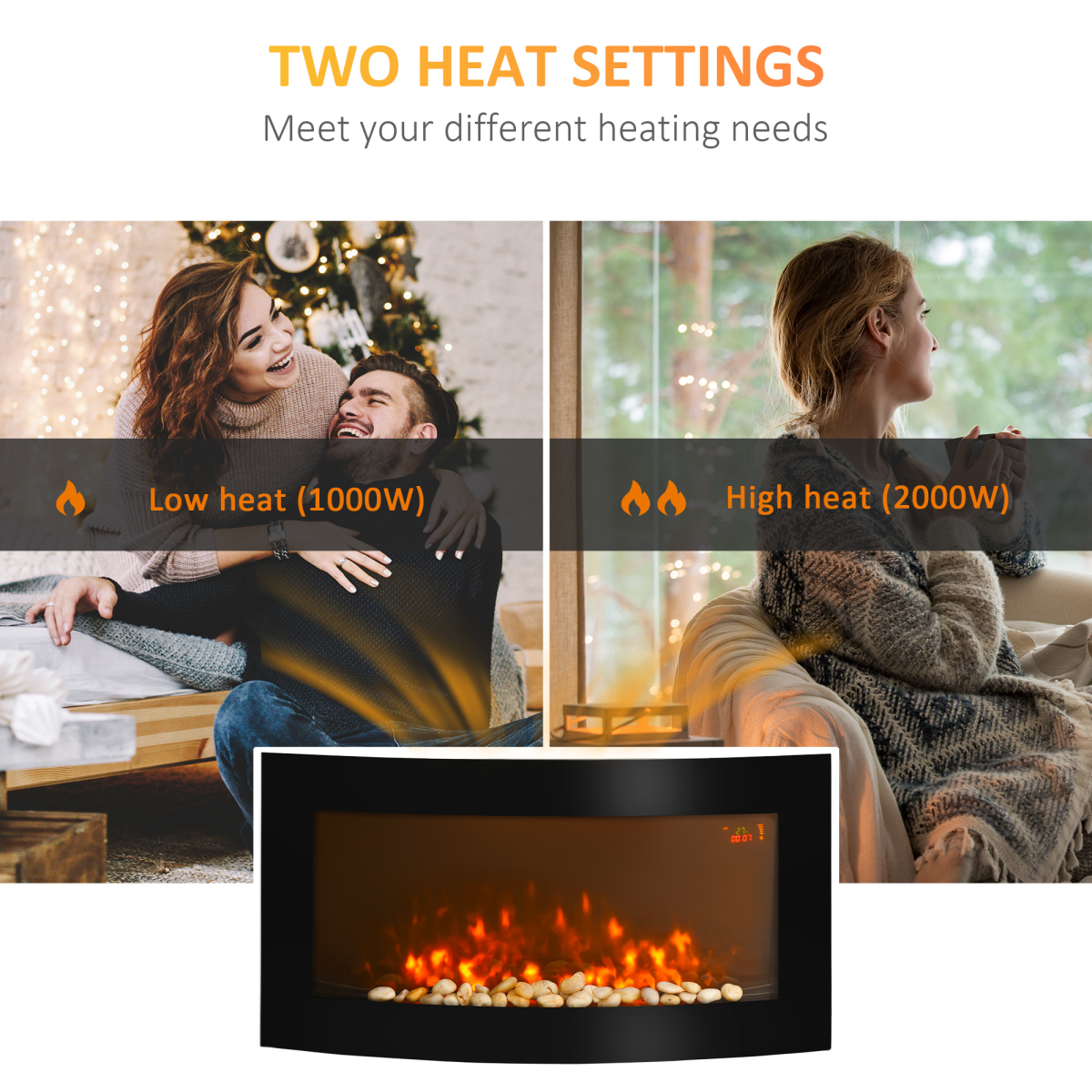 HOMCOM Electric Fireplace Wall Mounted Led Flame Curved Back Side Lights Heater