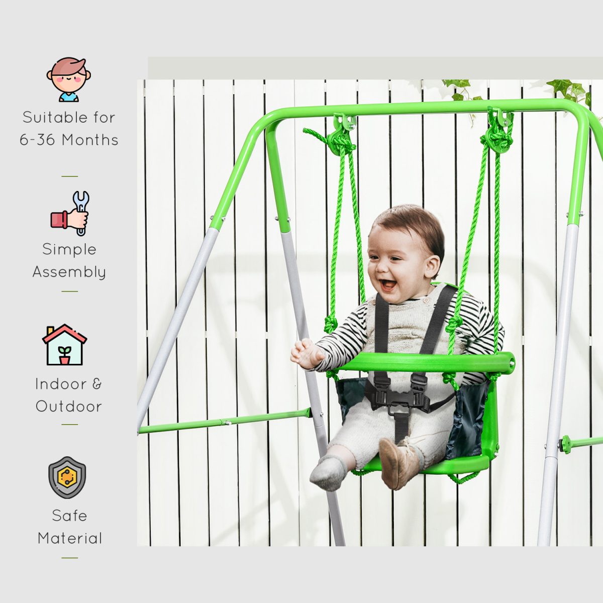 Outsunny Nursery Swing with Safety Seat Belt, Support Back for Indoor Outdoor