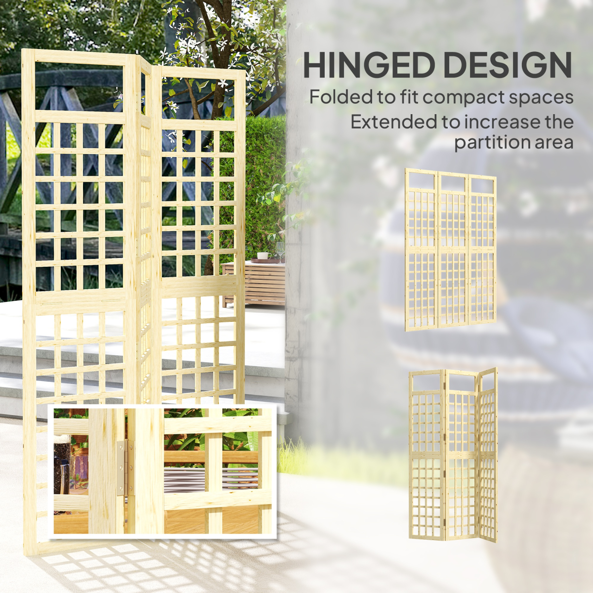 Outsunny 3-Panel Wooden Garden Privacy Screen, Natural Wood Finish