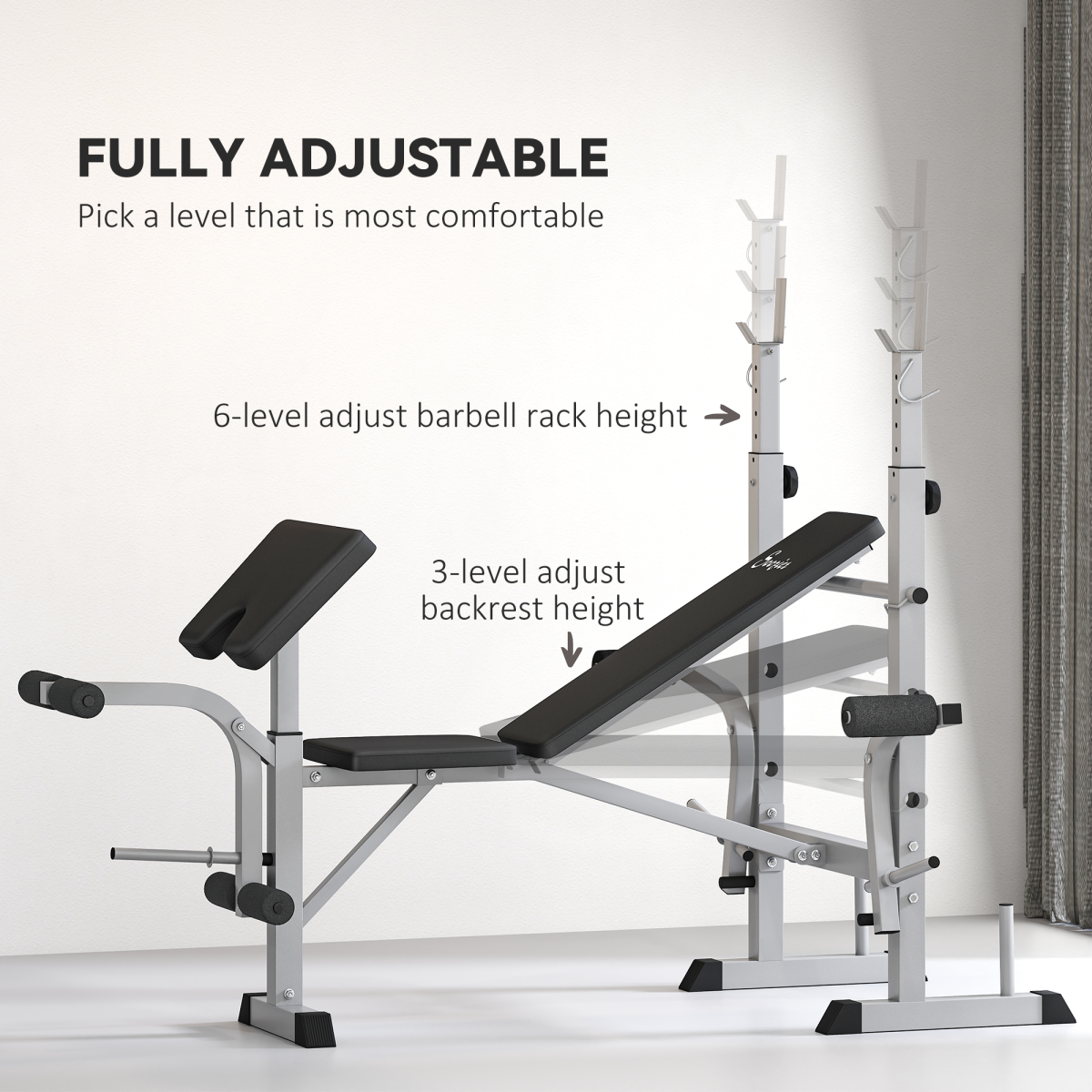 HOMCOM Adjustable Weight Bench with Squat Rack, Leg Developer, Grey