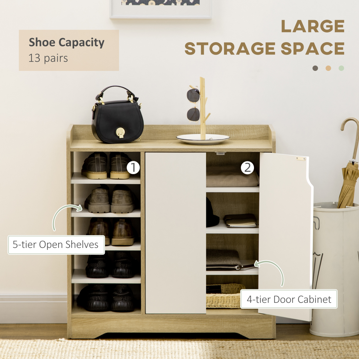Shoe Storage Organizer w/ Double Door Cabinet Open Shelves for Hallway Entryway