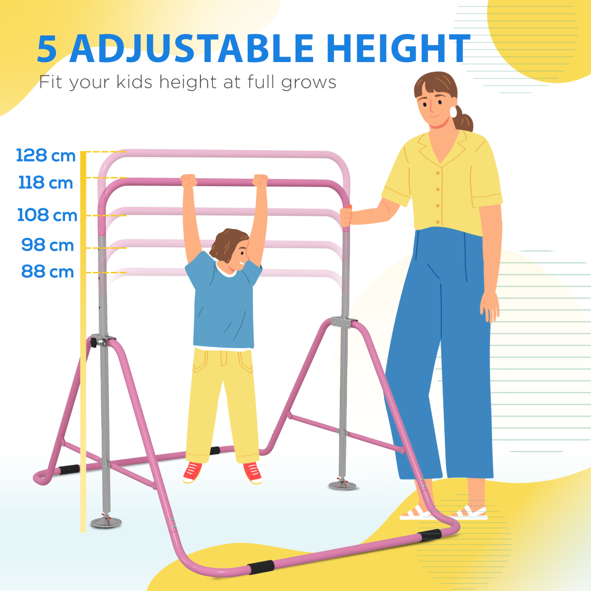 HOMCOM Kids Gymnastic Bar with Adjustable Height, Foldable Training Bar - Pink