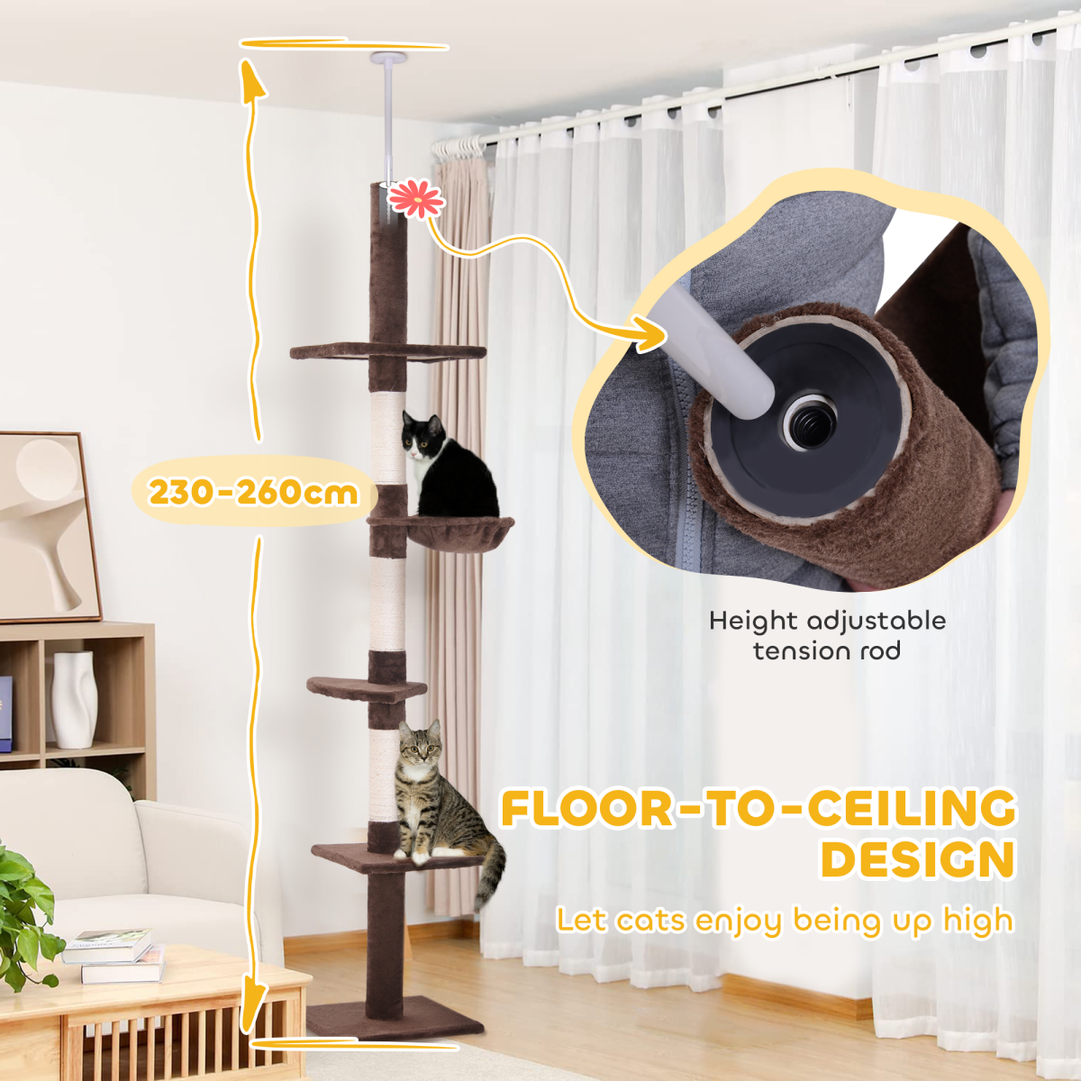 Floor to Ceiling Cat Tree for Indoor Cats 5-Tier Kitty Tower Brown