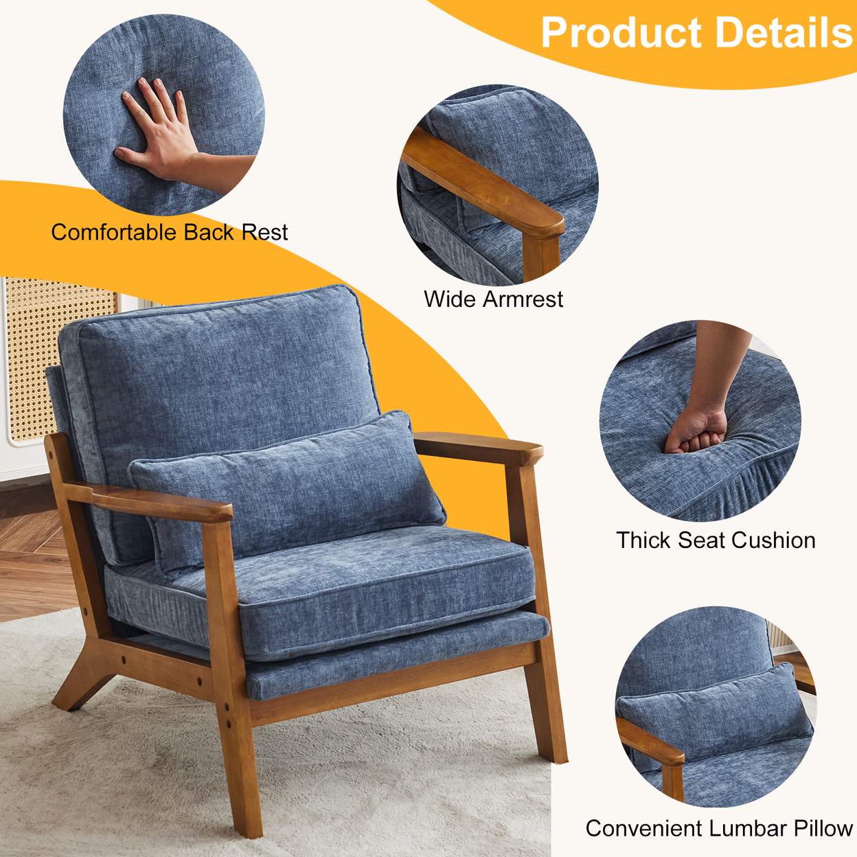 Mid-Century Oak Accent Chair - Deep Navy Blue Chenille Upholstered Single Lounge Chair, Sturdy Wood Frame Indoor Armchair (330LBS Weight Capacity)