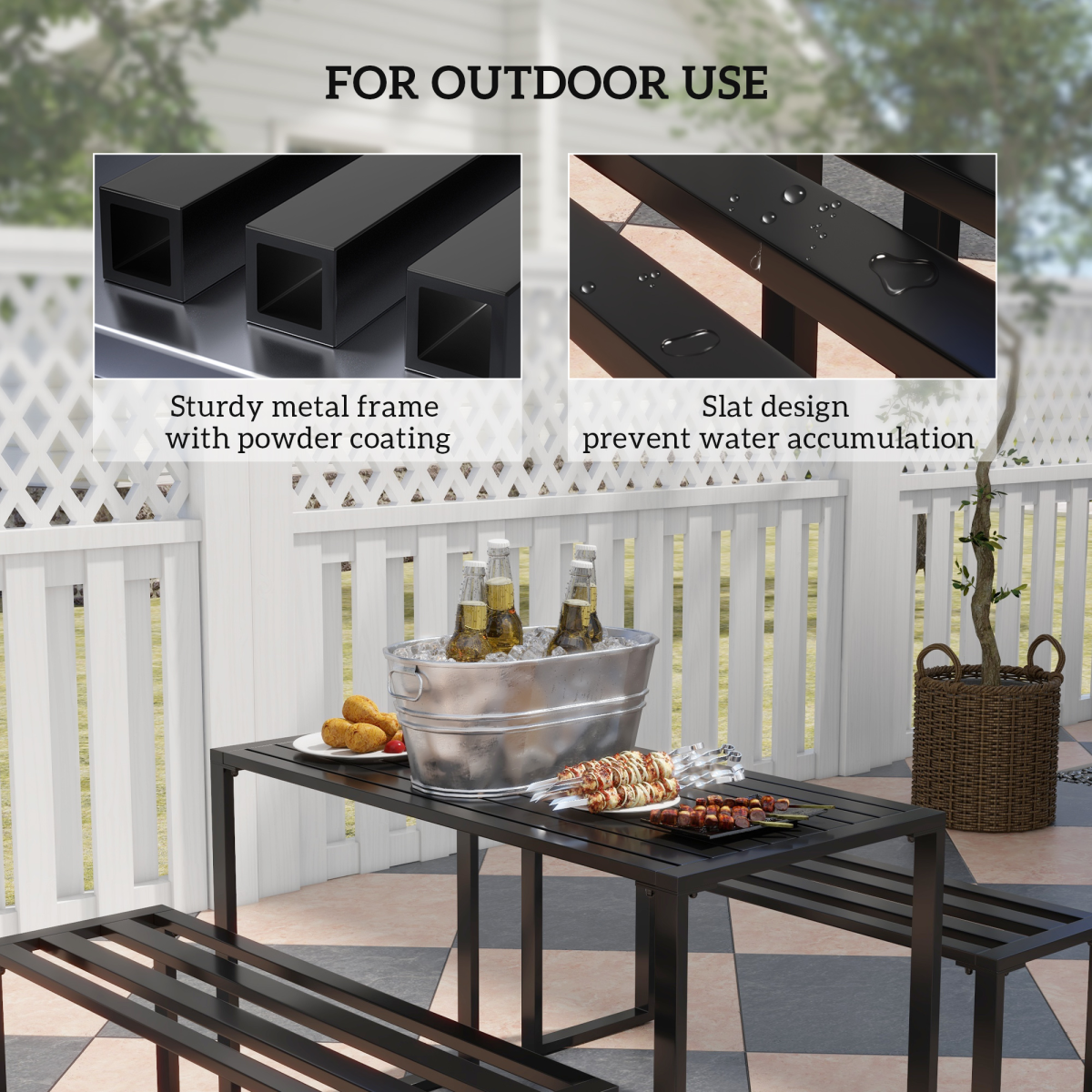Outsunny 3 Pcs Metal Table W/Bench Set-Black