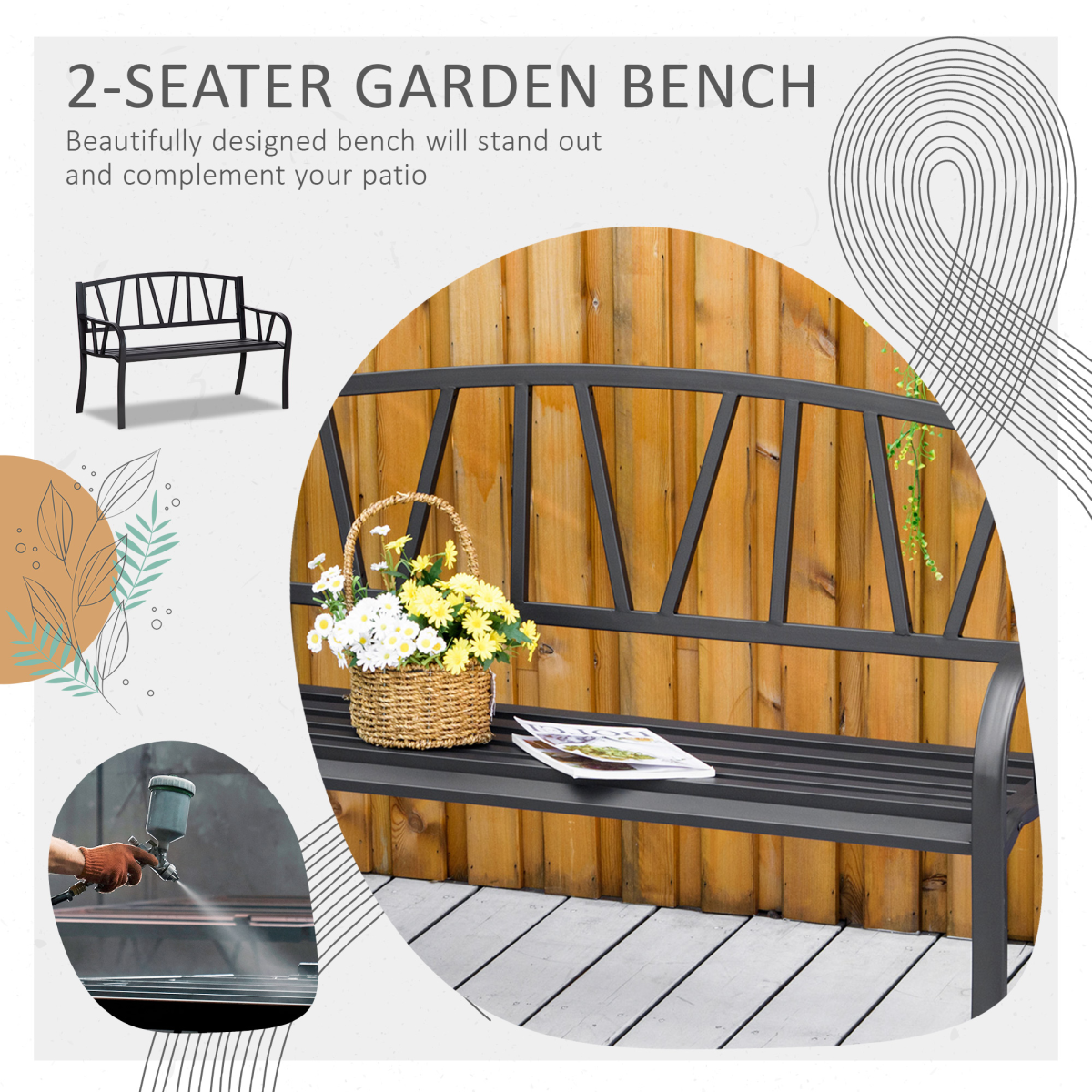 2-Seater Bench Solid Metal Loveseat Decorative Backrest Ergonomic Armrest