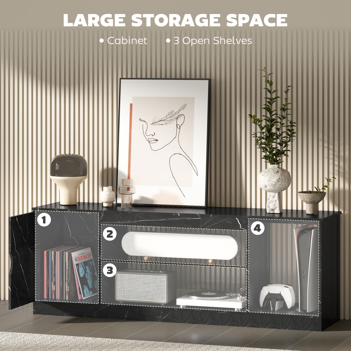 HOMCOM Marble Effect TV Stand Cabinet with Glass Shelf for 55 Inch TVs