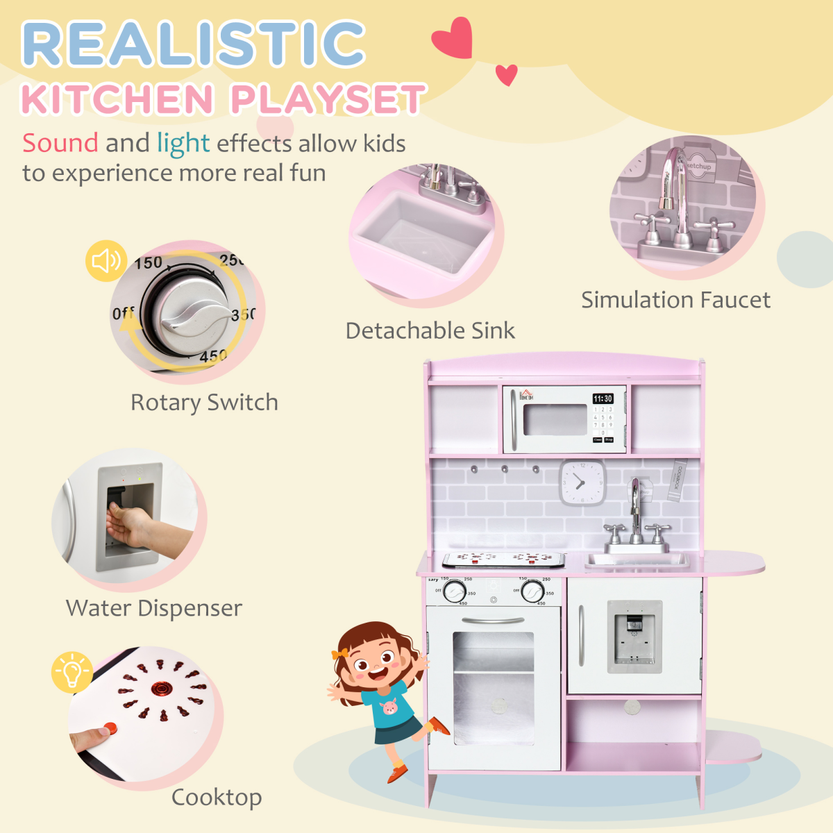 Kitchen Set for Kids W/ Lights Sounds, Microwave, Sink, for Aged 3-6 HOMCOM