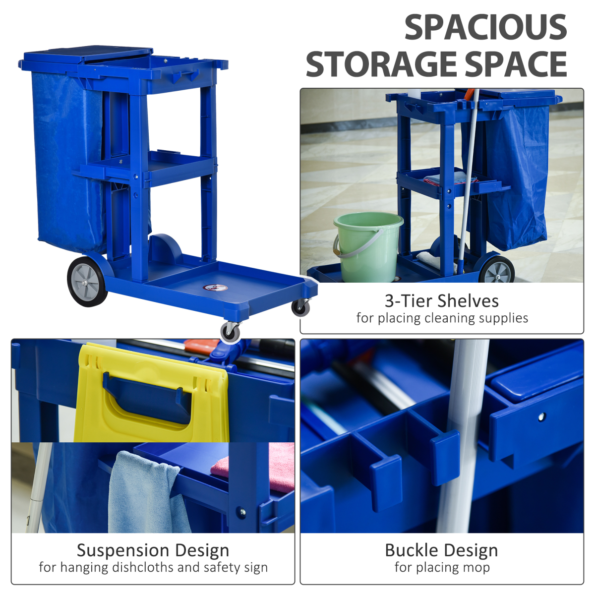 HOMCOM Cleaning Cart On Wheels, Housekeeping Trolley w/ 3 Tier Shelves, Blue