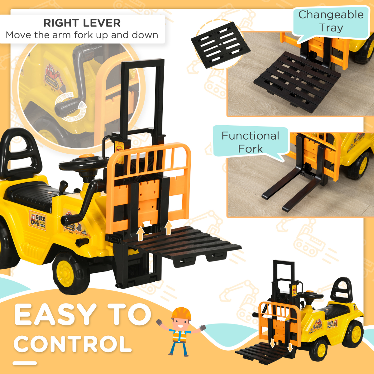 HOMCOM Kids Ride on Forklift Truck w/ Fork Tray, Under Seat Storage, Backrest