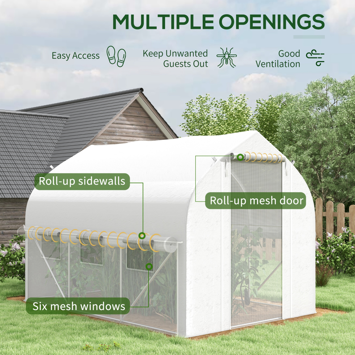 3 x 2m Polytunnel Greenhouse with Roll Up Sidewalls, Mesh Door, Plant Labels