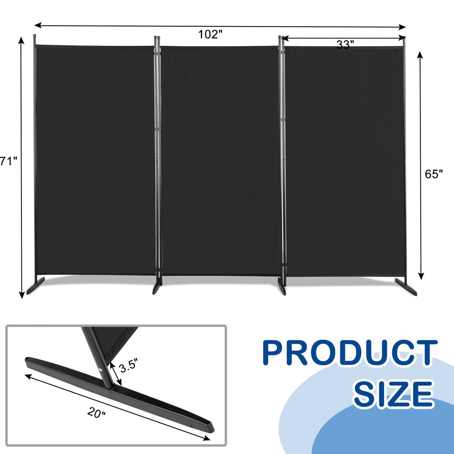 6FT Trifold 130g Polyester Fabric Plastic Foot Carbon Steel Frame Foldable Screen Black