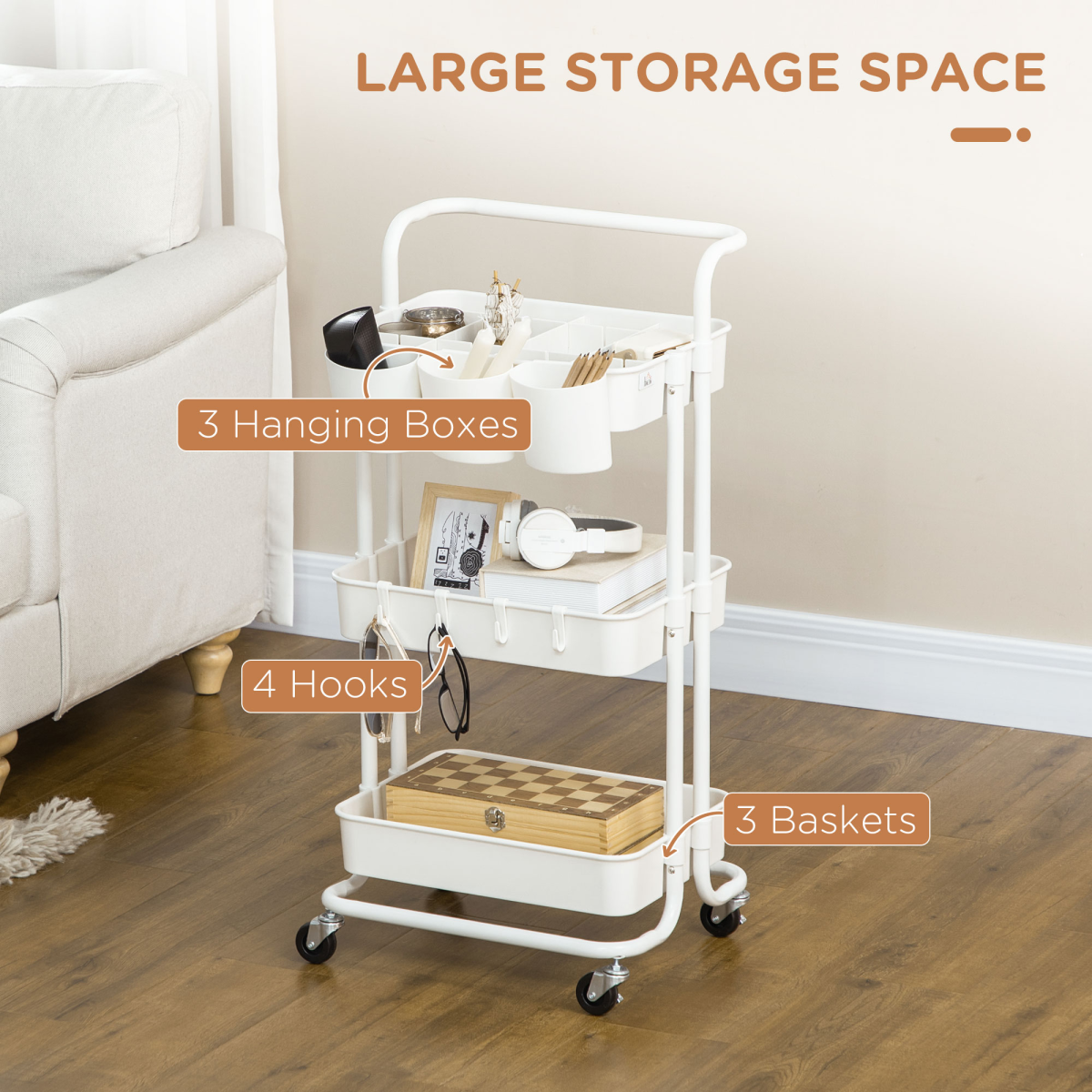 HOMCOM 3-Tier Utility Cart, Rolling Serving Trolley with Baskets and Hooks