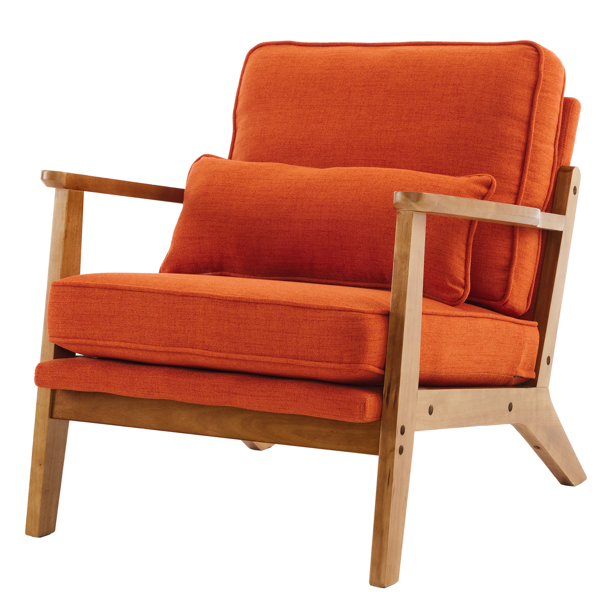 Mid-Century Modern Accent Chair with Wooden Frame - Oak Armrest, Linen-Cotton Burnt Orange Upholstery, Single Seater Lounge Chair for Living Room (Weight Capacity 330LBS)