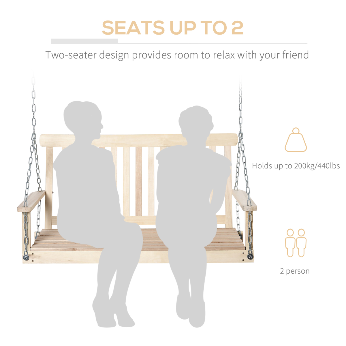 Wooden 2-Seater Poch Swing Chair Hanging Hammock Chains